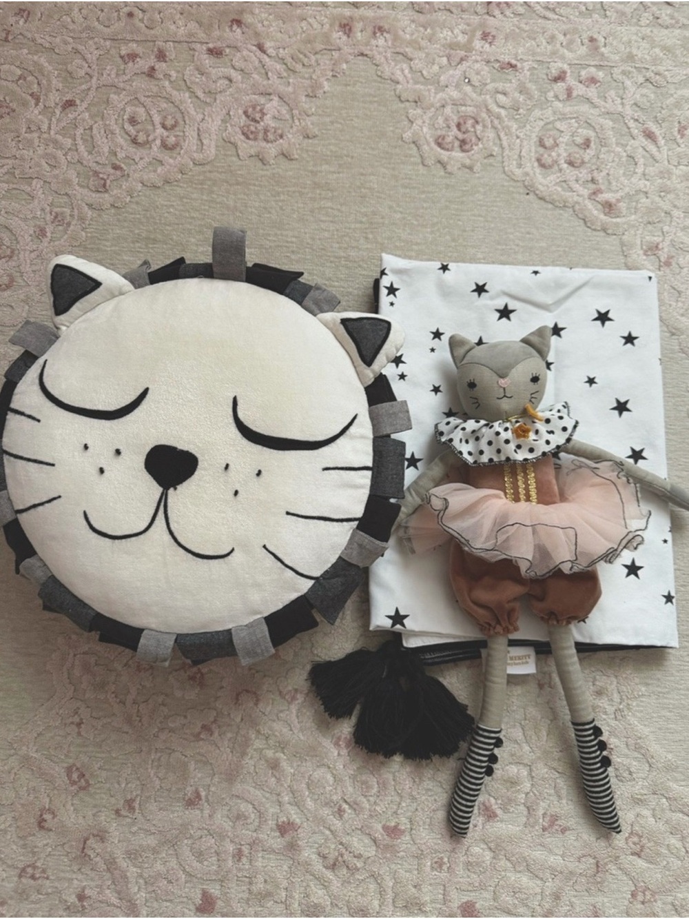 Plush Cat Pillow and Ballerina Doll Set - Cream & Pink